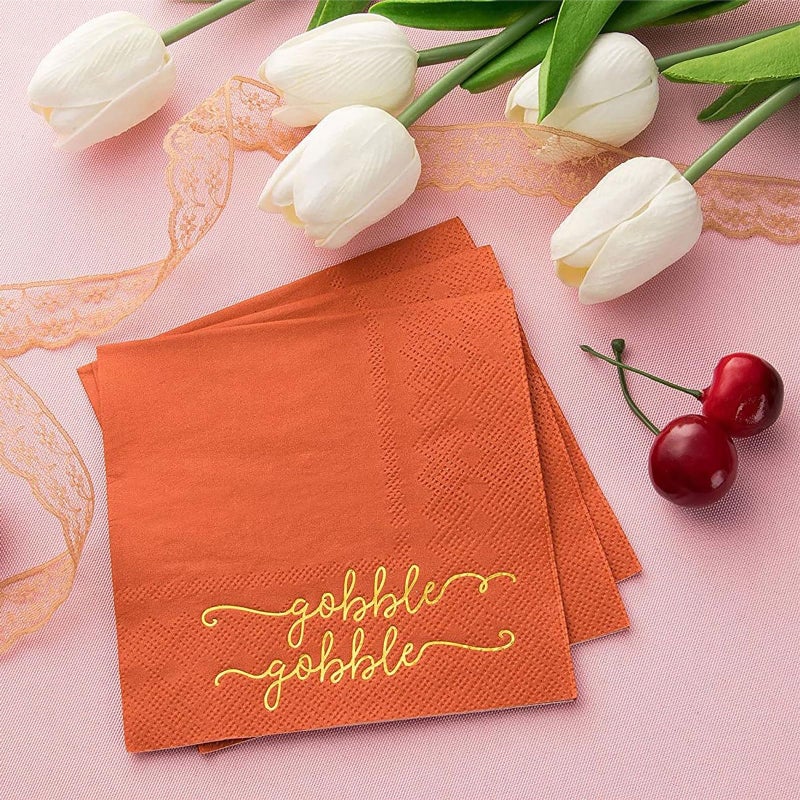 BLUE PANDA Gobble Gobble Cocktail Napkins - 5 x 5 In, Orange, Pack of 50, 3-Ply - Decorative Turkey Napkins for Party Table Decor & Cocktail Party - Image 4