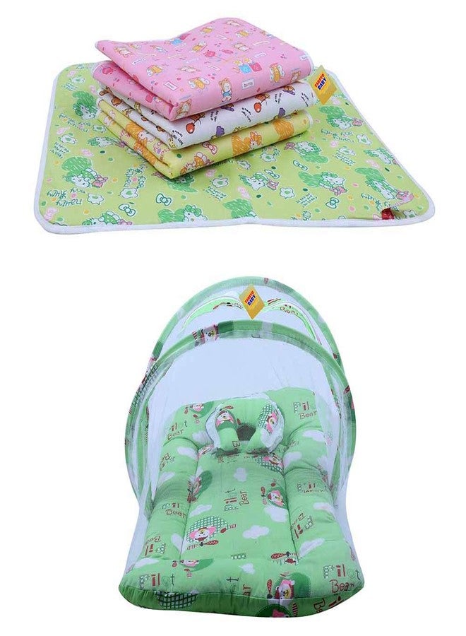 Fareto New Born Baby Combo of 1 Mosquito Net Bed and 4 Plastic Changing Diapers Waterproof Mat/Massage Mat/Protection Mat(0-6 Months)(Grass Green) - Image 1