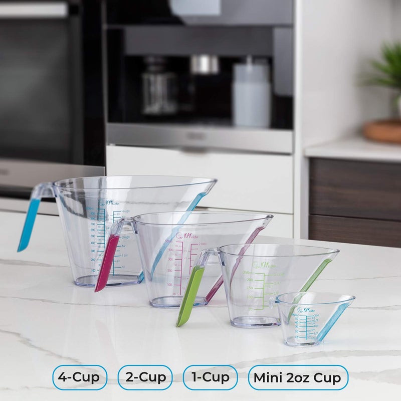 KPKitchen 4-Piece Angled Liquid Measuring Cups Plastic Set - BPA-Free Mini Oz, 1, 2 and 4 Plastic Measuring Cup Sizes - Measuring Cups For Liquids with ML & Cups Measures - Small & Large Measure Cup - Image 4