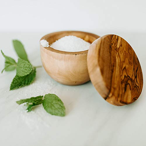 Thirteen Chefs Tramanto Olive Wood Salt Pot - Rustic Wooden Cellar and Pinch for Salts with Lid - 3.5 Inch Wide - Image 4