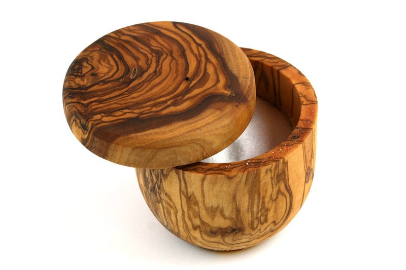Thirteen Chefs Tramanto Olive Wood Salt Pot - Rustic Wooden Cellar and Pinch for Salts with Lid - 3.5 Inch Wide - Image 1