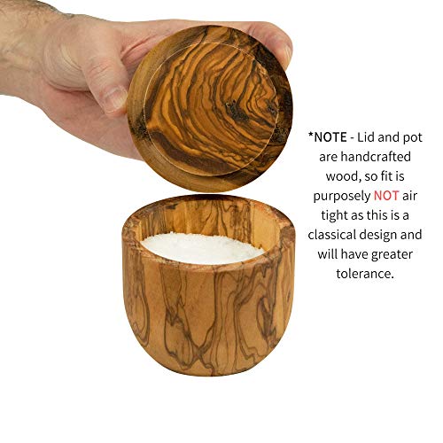 Thirteen Chefs Tramanto Olive Wood Salt Pot - Rustic Wooden Cellar and Pinch for Salts with Lid - 3.5 Inch Wide - Image 5