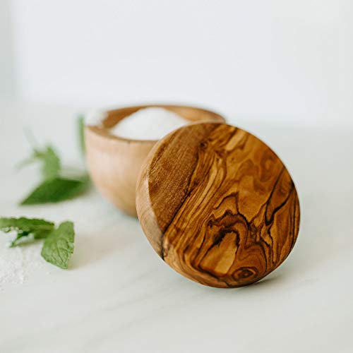 Thirteen Chefs Tramanto Olive Wood Salt Pot - Rustic Wooden Cellar and Pinch for Salts with Lid - 3.5 Inch Wide - Image 3