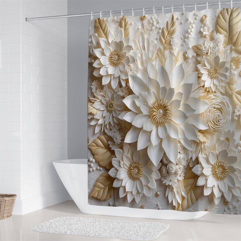 Chrainy 4Pcs 3D Floral Shower Curtain Sets Elegant White Blossom Flowers Bathroom Accessories Set Modern Minimalism Waterproof Spring Bathroom Decor with Rugs and 12 Hooks - Image 2