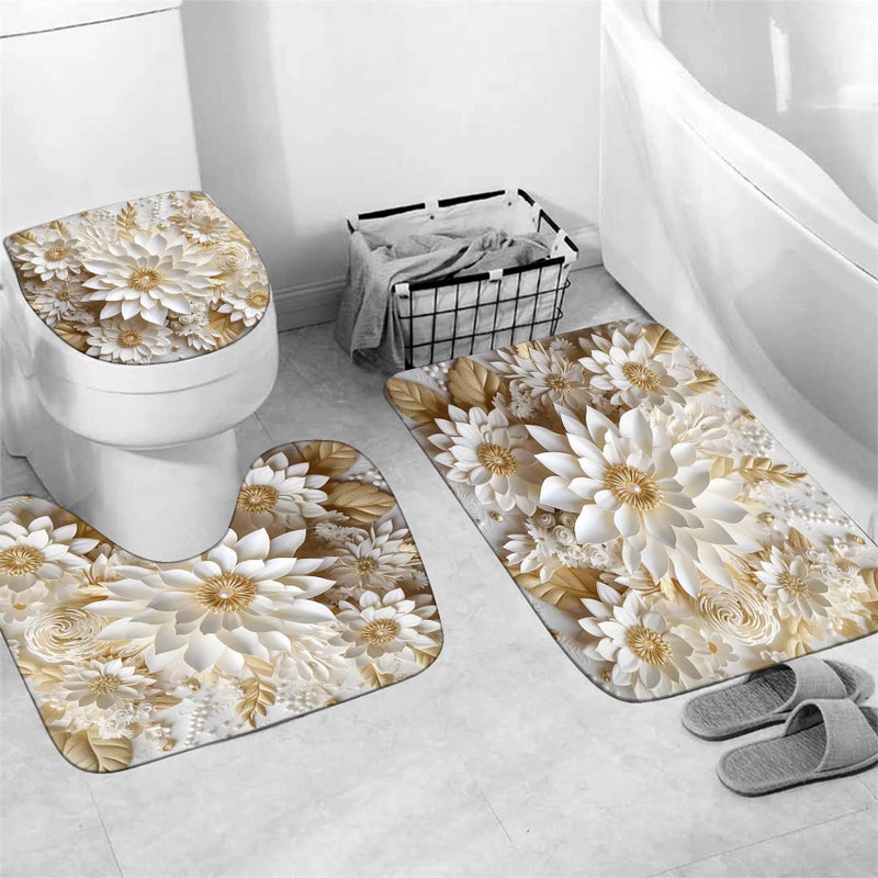 Chrainy 4Pcs 3D Floral Shower Curtain Sets Elegant White Blossom Flowers Bathroom Accessories Set Modern Minimalism Waterproof Spring Bathroom Decor with Rugs and 12 Hooks - Image 4