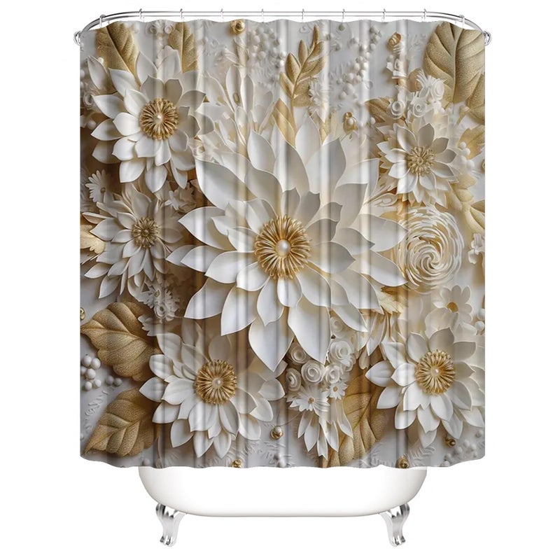Chrainy 4Pcs 3D Floral Shower Curtain Sets Elegant White Blossom Flowers Bathroom Accessories Set Modern Minimalism Waterproof Spring Bathroom Decor with Rugs and 12 Hooks - Image 3