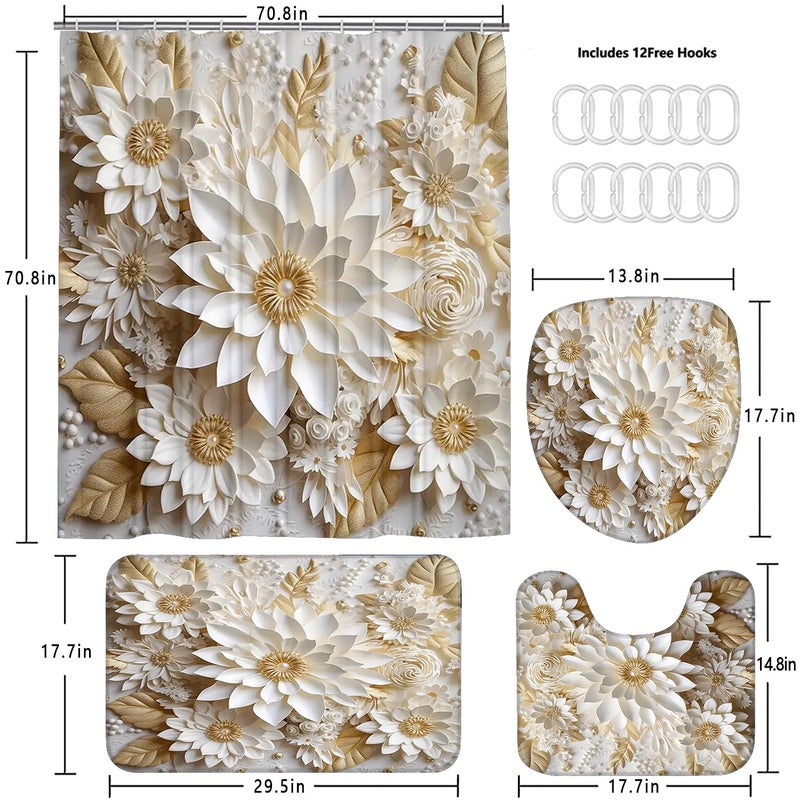 Chrainy 4Pcs 3D Floral Shower Curtain Sets Elegant White Blossom Flowers Bathroom Accessories Set Modern Minimalism Waterproof Spring Bathroom Decor with Rugs and 12 Hooks - Image 5
