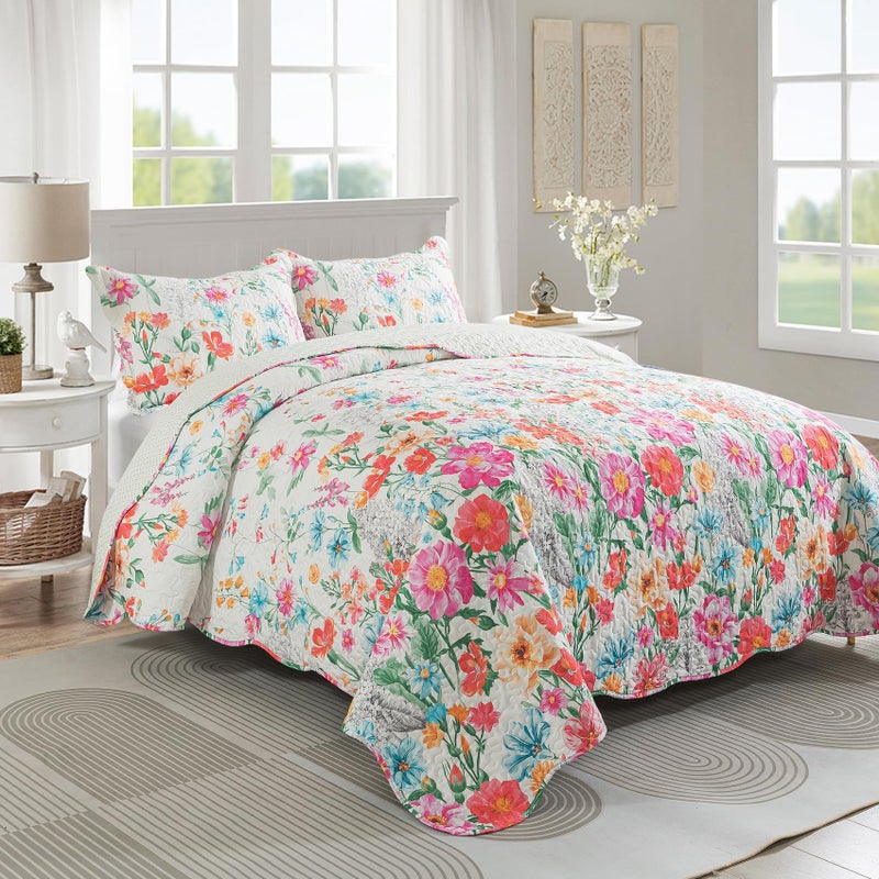 Travan Floral Quilt Bedding Set, Ultra Soft Reversible King Size Quilt Set with 1 Quilt Set and 2 Shams Red Flower Quilt for All Season, Coreopsis-Red, King - Image 2