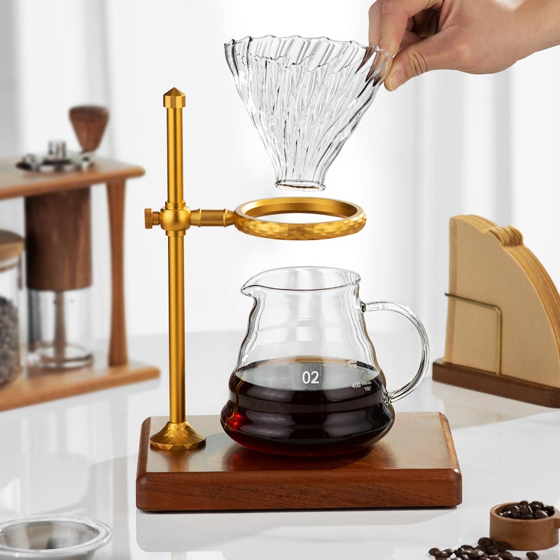 shoxil Pour Over Coffee Maker Set â€“ Glass Coffee Dripper with Stainless Steel Stand, Wooden Base & 40 Filters â€“ Travel Filter Coffee Maker - Image 3