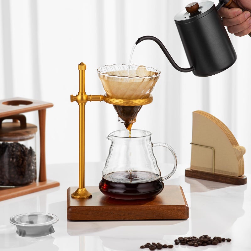shoxil Pour Over Coffee Maker Set â€“ Glass Coffee Dripper with Stainless Steel Stand, Wooden Base & 40 Filters â€“ Travel Filter Coffee Maker - Image 2