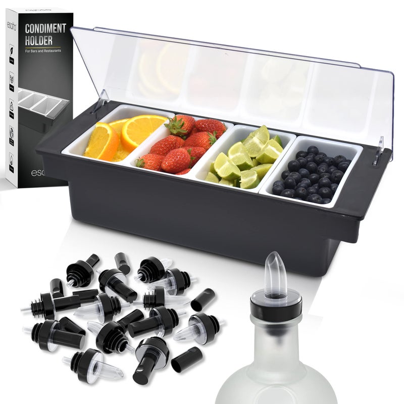 Esatto Bar Products Condiment Holder for Serving Container Chilled Garnish Tray with Lid for Bar Caddy 41 Pint Inserts With Added 12 Liquor Bottle Pourers and 12 Pourer Covers  Black