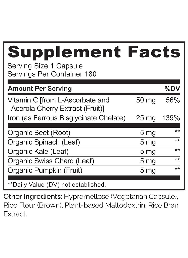 NATURELO - Iron With Vitamin C 25 mg non-Constipating Iron Gentle on the Stomach Dietary Supplement 180 Vegetarian Capsules - Image 1