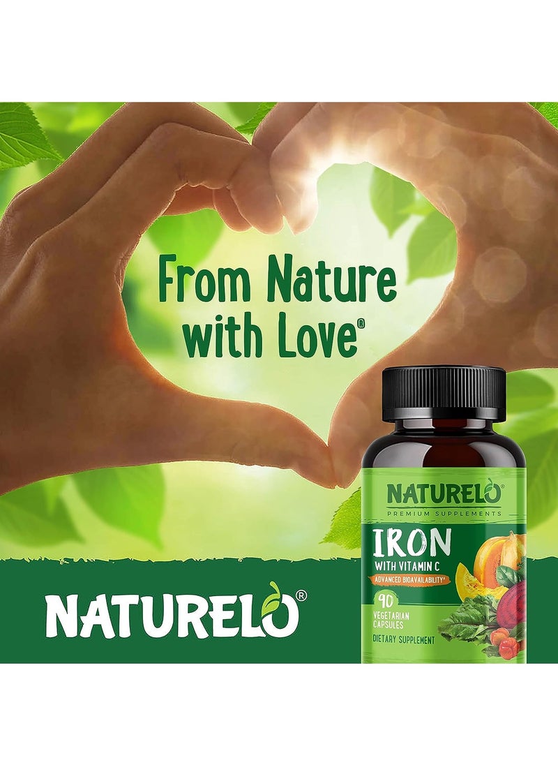 NATURELO - Iron With Vitamin C 25 mg non-Constipating Iron Gentle on the Stomach Dietary Supplement 180 Vegetarian Capsules - Image 1