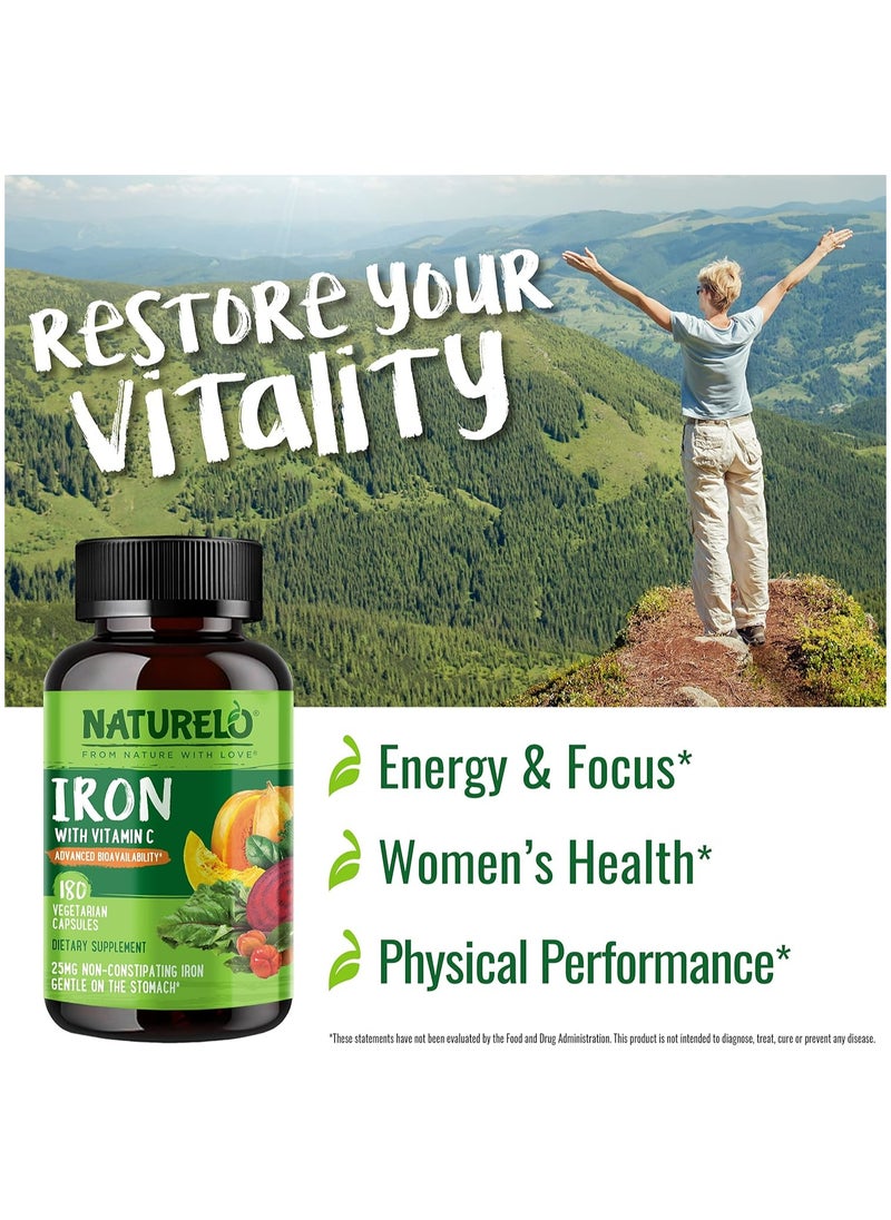 NATURELO - Iron With Vitamin C 25 mg non-Constipating Iron Gentle on the Stomach Dietary Supplement 180 Vegetarian Capsules - Image 1