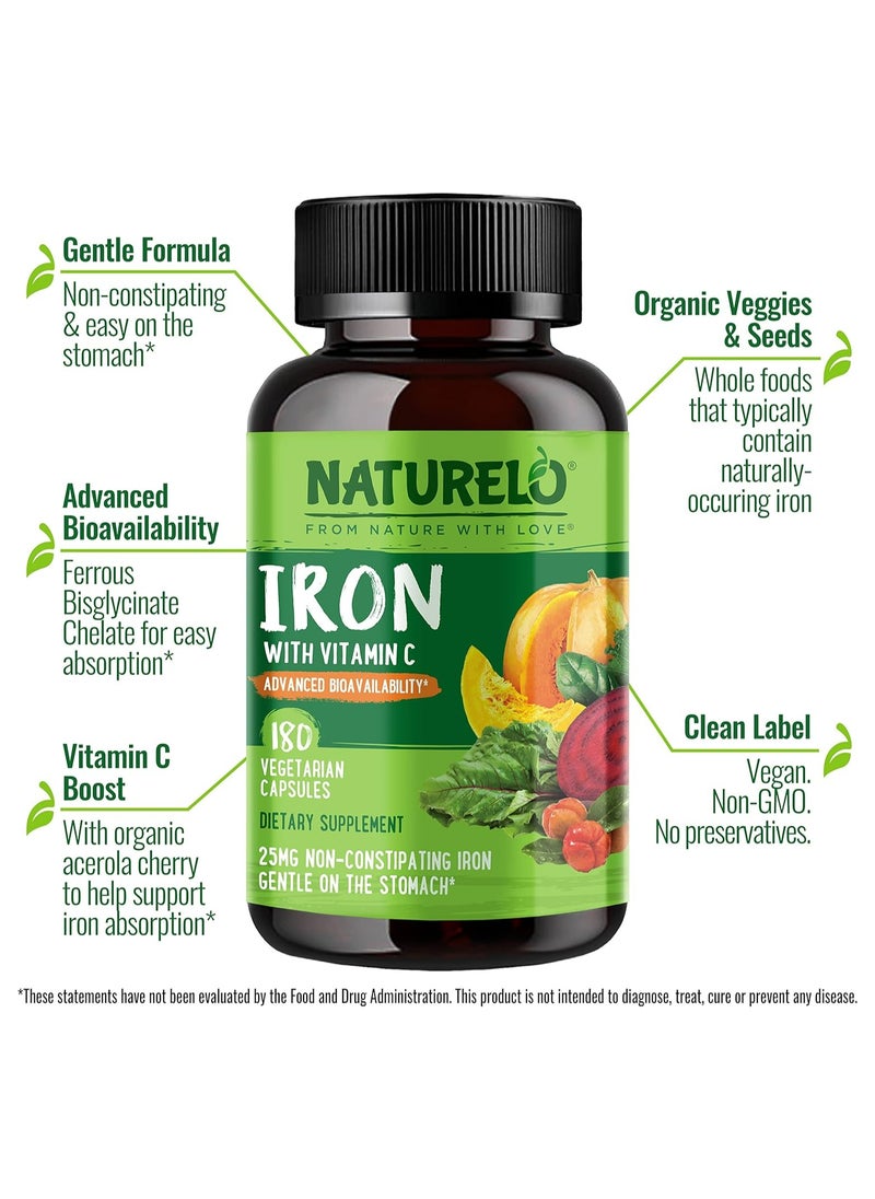 NATURELO - Iron With Vitamin C 25 mg non-Constipating Iron Gentle on the Stomach Dietary Supplement 180 Vegetarian Capsules - Image 1