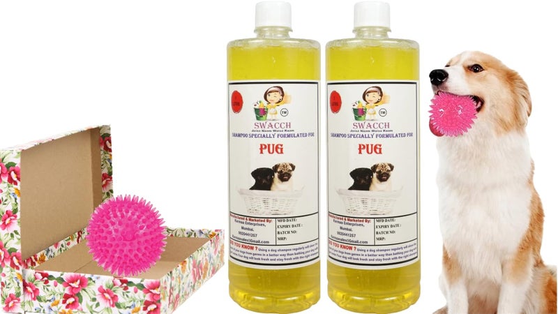 swacch Shampoo | Puppy Safe Shampoo | PH Balanced | Ditch to Itch for Pug Dog Shampoo 2 Litre (Lemon) + Spike Ball Chew Toy Combo Pack - Image 1
