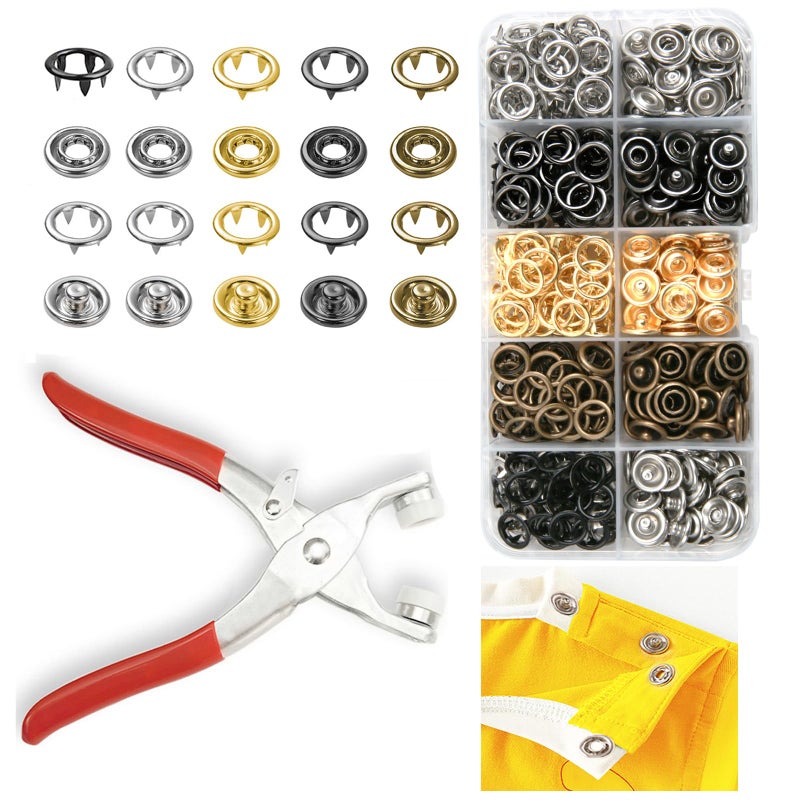 GTAAOY 100 Sets 9.5mm Metal Snaps Buttons Perfect for Clothes Hats and Sewing, 5 Colors Hollow Prong Snaps with Fastener Pliers Press Tool Kit - Image 1