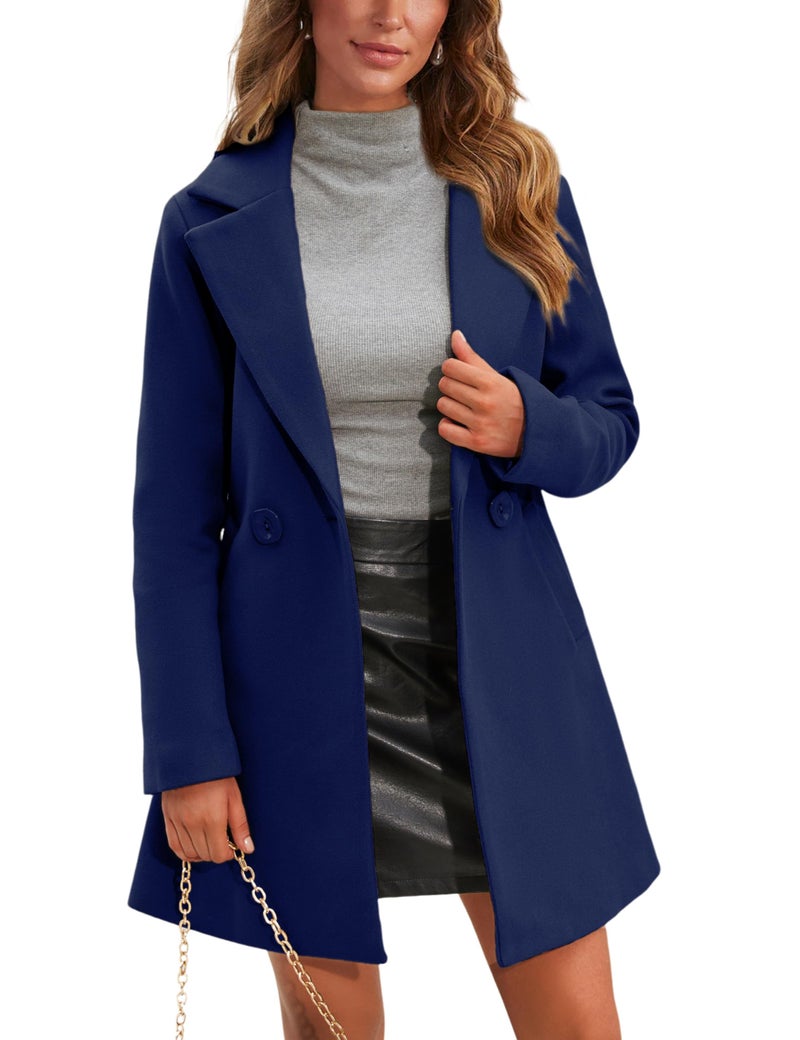 Springrain Women's Wool Pea Coat Notched Collar Double Breasted Midi Long Trench Coat Outwear (Navy, S) - Image 1