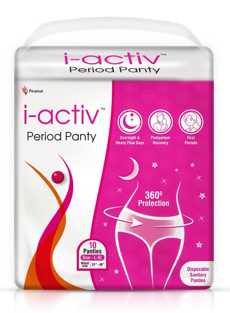 i-activ اي أكتيف بانتي الدورة الشهرية للنساء | L- XL | حزمة 10 | سراويل الدورة الشهرية القابل للتصرف للنساء مانعة للتسرب | ضمادات الأمومة لفترات التدفق الغزير | حماية 360 درجة بين عشية وضحاها | الحجم - 31 بوصة إلى 48 بوصة - Image 1