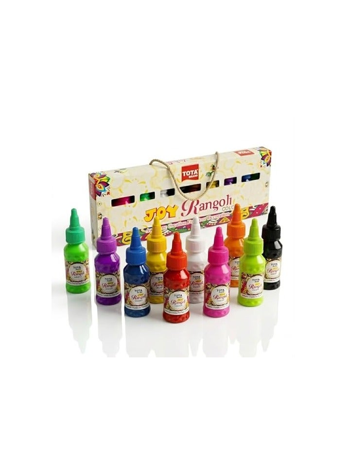 TOTA JOY Rangoli Colour Powder Bottles - 10 Premium Rangoli Bottles Each of 100 GM | Multicolour Kolam Rangoli Powder for Floor Rangoli Art Home Décor Diwali Pooja and more - Image 1
