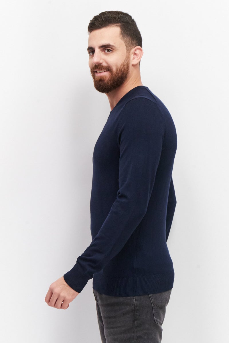 Celio Men V-Neck Plain Sweater, Navy Blue  - Image 4
