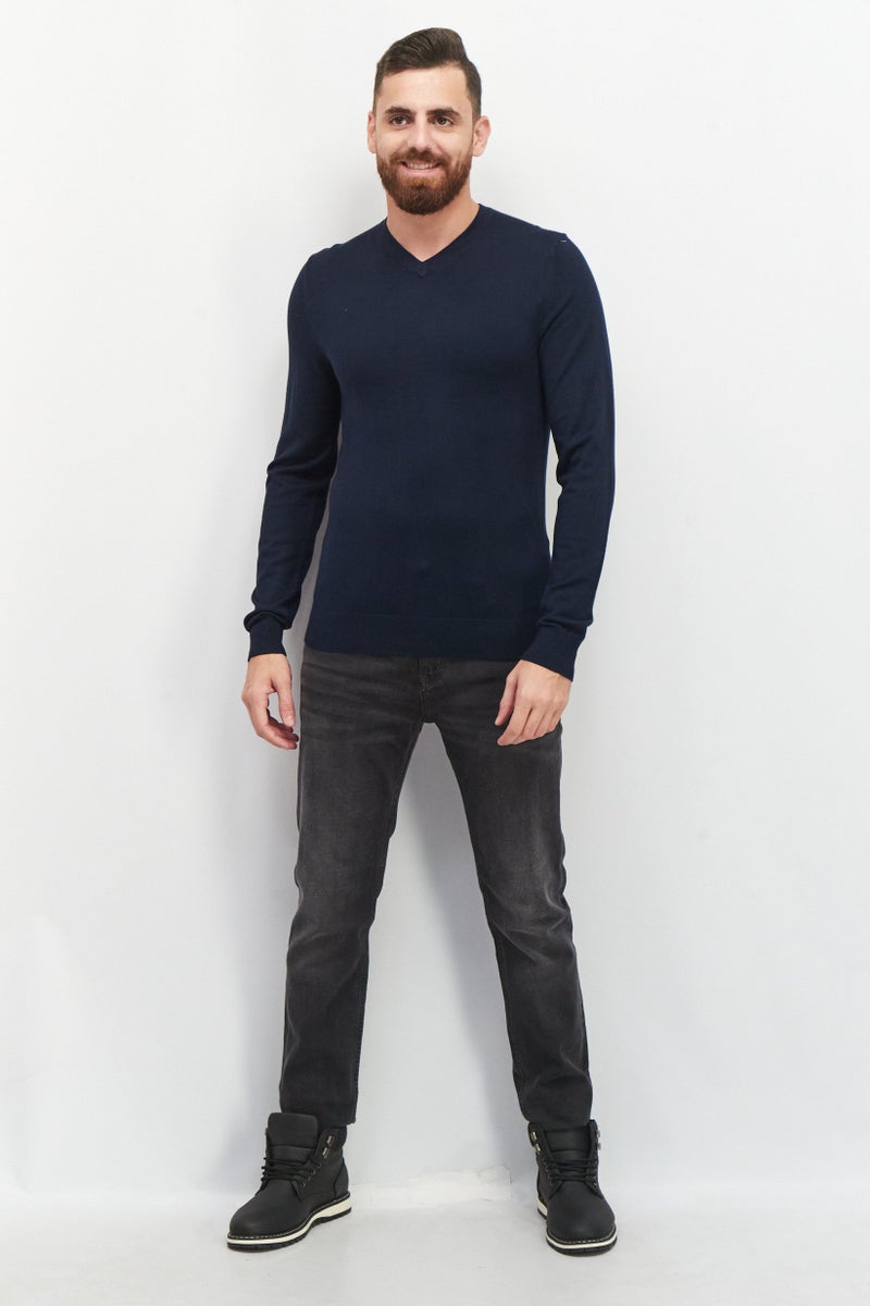 Celio Men V-Neck Plain Sweater, Navy Blue  - Image 3