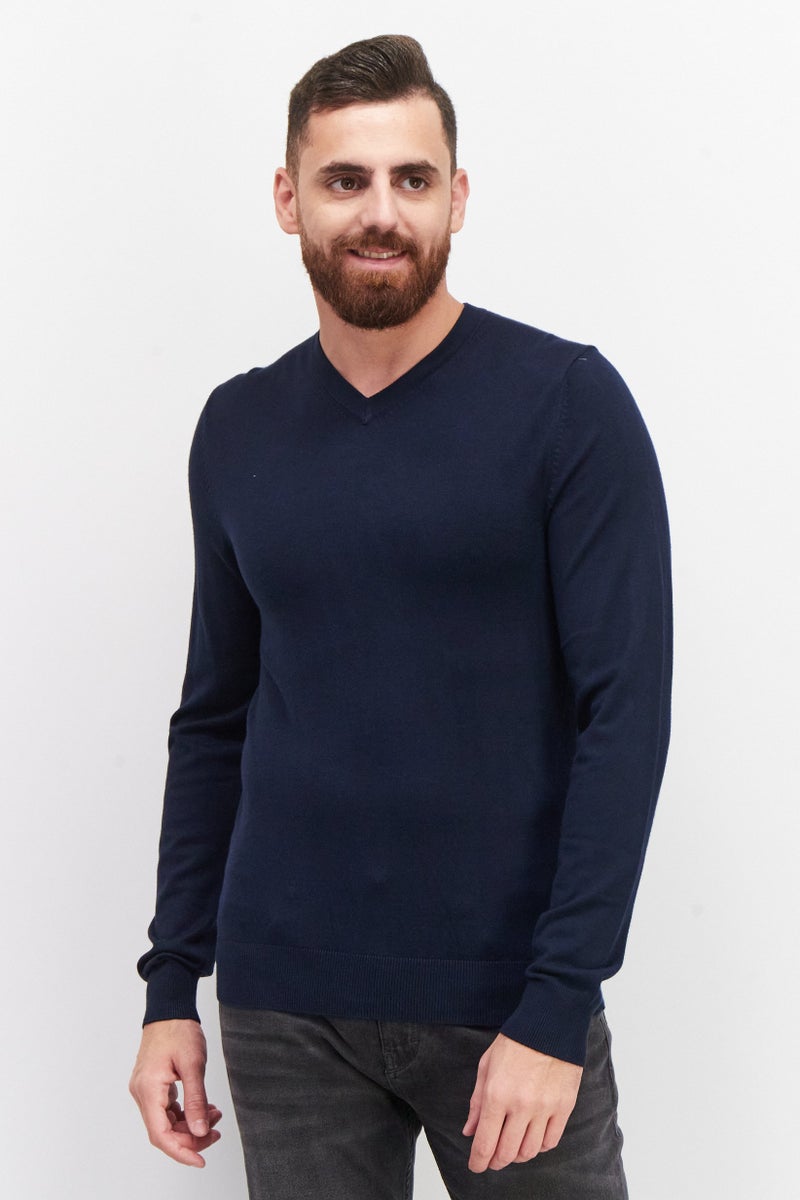 Celio Men V-Neck Plain Sweater, Navy Blue  - Image 1