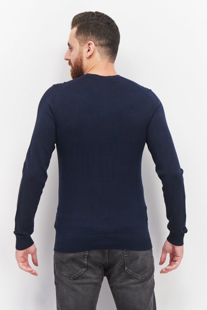 Celio Men V-Neck Plain Sweater, Navy Blue  - Image 2