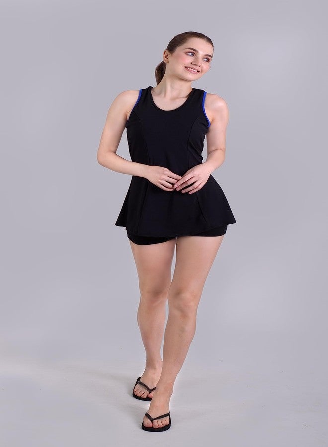 Keepfit Round Neck Swimsuit Frock Style top with boy Shorts Black L |Swimming Suit for Women - Image 3