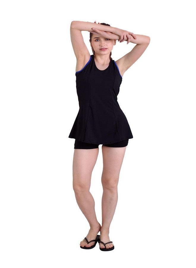 Keepfit Round Neck Swimsuit Frock Style top with boy Shorts Black L |Swimming Suit for Women - Image 1