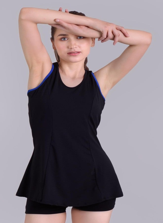 Keepfit Round Neck Swimsuit Frock Style top with boy Shorts Black L |Swimming Suit for Women - Image 2