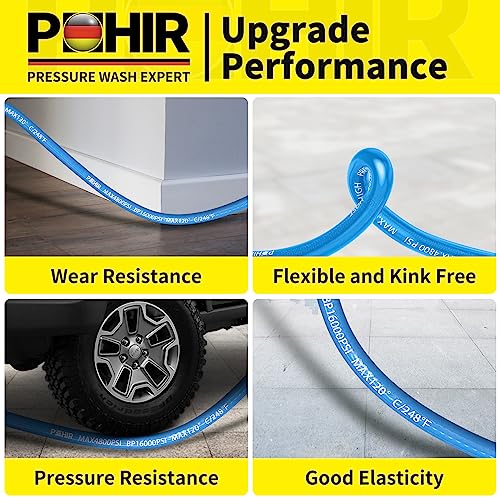 POHIR Pressure Washer Hose 50FT 3/8" for Cold & Hot Water (Up to 248℉) 4800 PSI Kink Resistant Industrial Grade Steel Wire Braided QC Ends with 2 M22-14mm to 3/8" Adapters for Professional and Home - Image 4