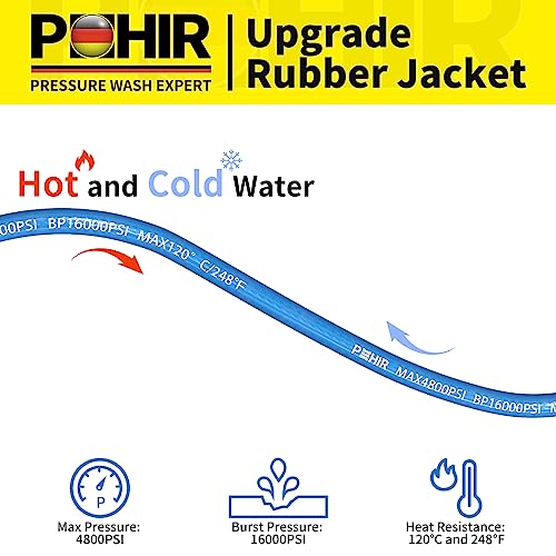 POHIR Pressure Washer Hose 50FT 3/8" for Cold & Hot Water (Up to 248℉) 4800 PSI Kink Resistant Industrial Grade Steel Wire Braided QC Ends with 2 M22-14mm to 3/8" Adapters for Professional and Home - Image 2