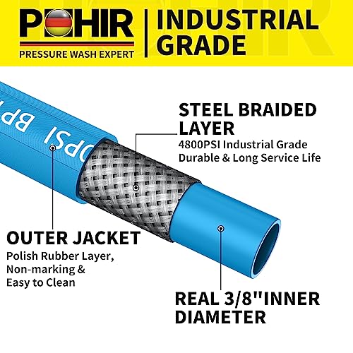 POHIR Pressure Washer Hose 50FT 3/8" for Cold & Hot Water (Up to 248℉) 4800 PSI Kink Resistant Industrial Grade Steel Wire Braided QC Ends with 2 M22-14mm to 3/8" Adapters for Professional and Home - Image 3