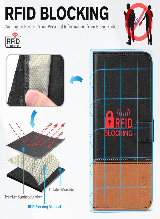 TUCCH Wallet Case for iPhone 16 5G, [RFID Blocking] 4 Card Slot Holder Kickstand [Shockproof TPU Interior Case], PU Leather Magnetic Flip Cover Compatible with iPhone 16 2024, Black & Brown - Image 3