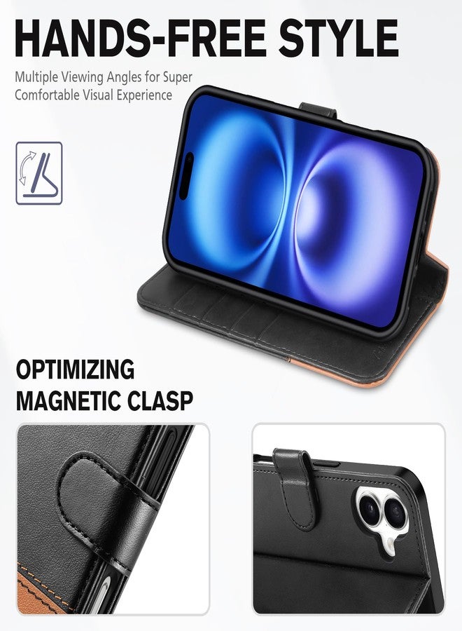 TUCCH Wallet Case for iPhone 16 5G, [RFID Blocking] 4 Card Slot Holder Kickstand [Shockproof TPU Interior Case], PU Leather Magnetic Flip Cover Compatible with iPhone 16 2024, Black & Brown - Image 4