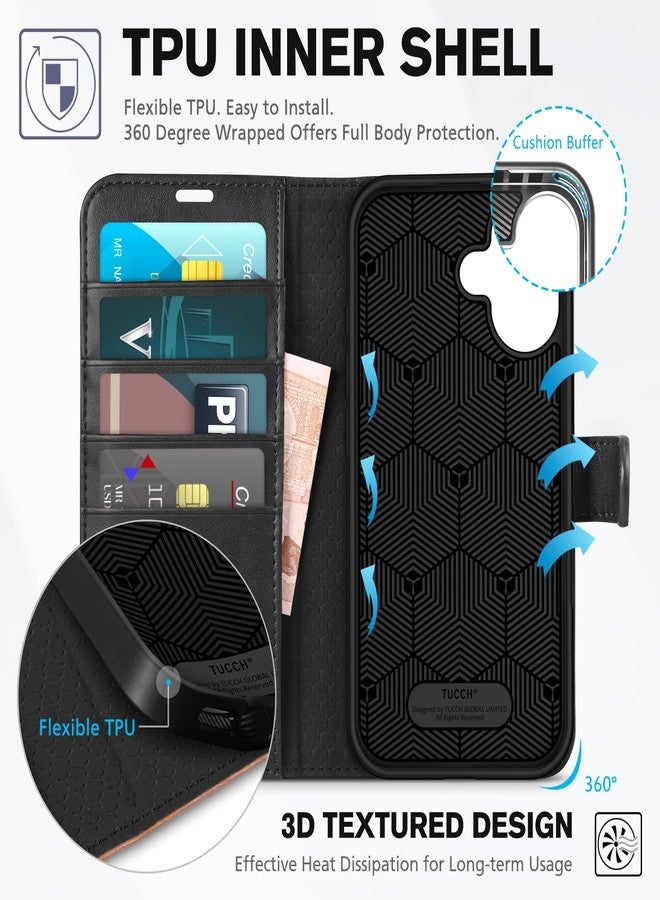 TUCCH Wallet Case for iPhone 16 5G, [RFID Blocking] 4 Card Slot Holder Kickstand [Shockproof TPU Interior Case], PU Leather Magnetic Flip Cover Compatible with iPhone 16 2024, Black & Brown - Image 5