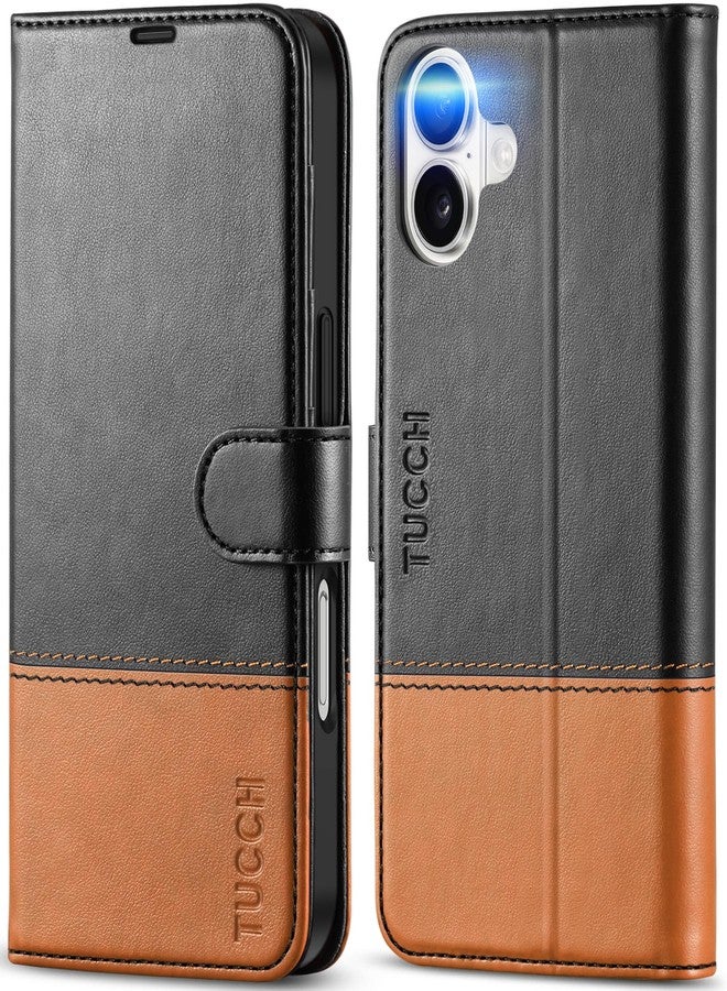 TUCCH Wallet Case for iPhone 16 5G, [RFID Blocking] 4 Card Slot Holder Kickstand [Shockproof TPU Interior Case], PU Leather Magnetic Flip Cover Compatible with iPhone 16 2024, Black & Brown - Image 1