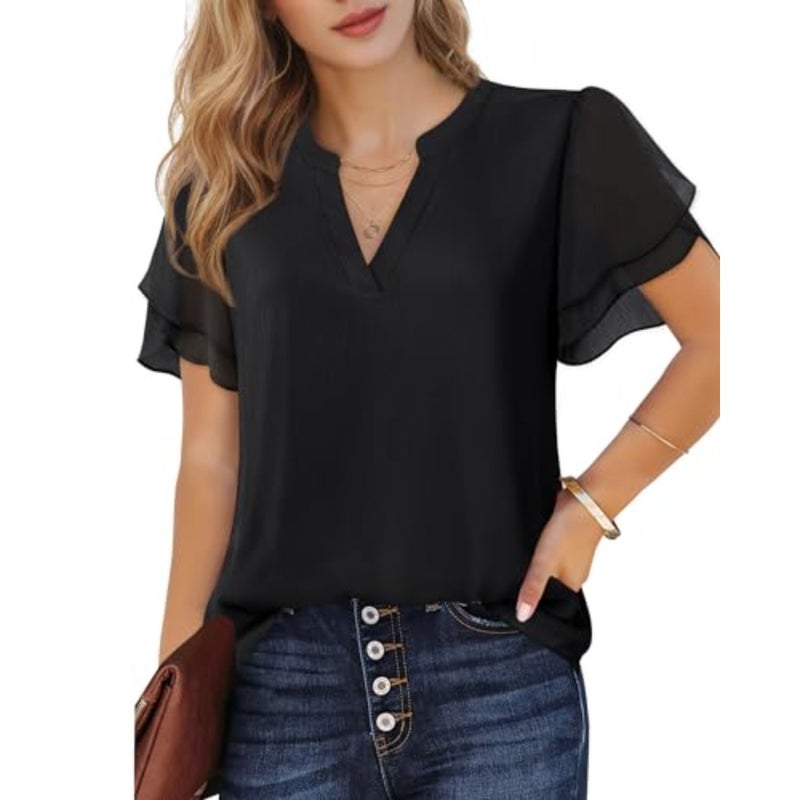 Lotusmile Elegant Chiffon Blouse for Women, Summer, Puff Blossoms, Short Sleeves, V-Neck, Casual Work Top - Image 2