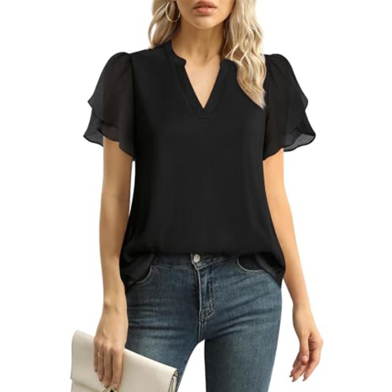 Lotusmile Elegant Chiffon Blouse for Women, Summer, Puff Blossoms, Short Sleeves, V-Neck, Casual Work Top - Image 1