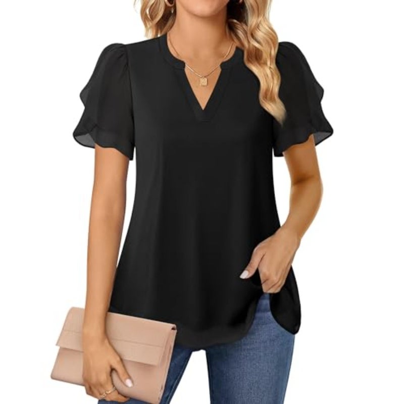 Lotusmile Elegant Chiffon Blouse for Women, Summer, Puff Blossoms, Short Sleeves, V-Neck, Casual Work Top - Image 3