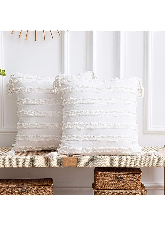 KASTWAVE Throw Pillow Cases Cover s, White Decorative Boho Striped Cotton Linen Square Decorative 2 Pcs with Tassels for Farmhouse Couch Sofa Chair, Bed Bedroom, 45 X 45 CM…  - Image 1