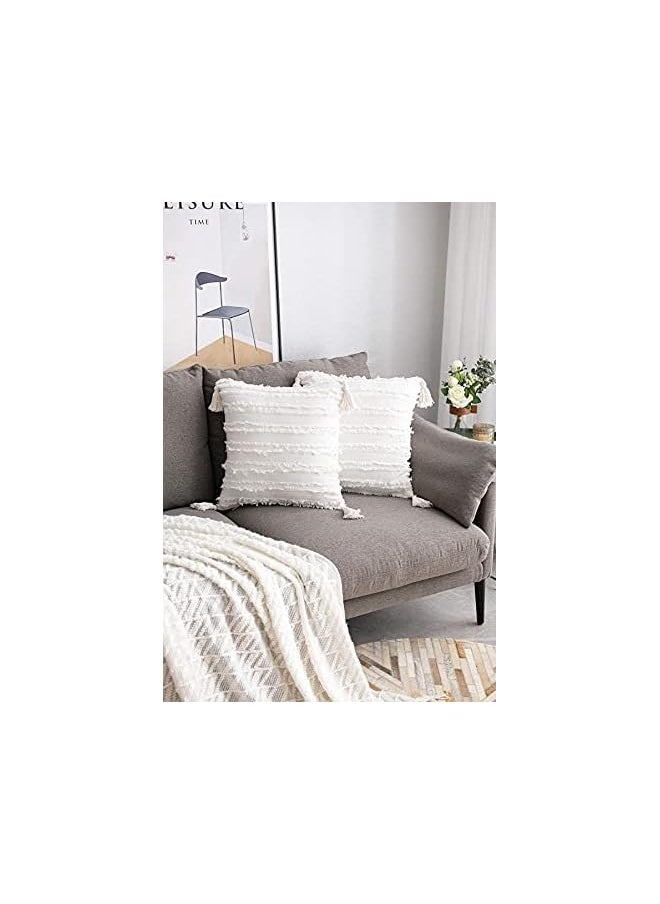 KASTWAVE Throw Pillow Cases Cover s, White Decorative Boho Striped Cotton Linen Square Decorative 2 Pcs with Tassels for Farmhouse Couch Sofa Chair, Bed Bedroom, 45 X 45 CM…  - Image 3