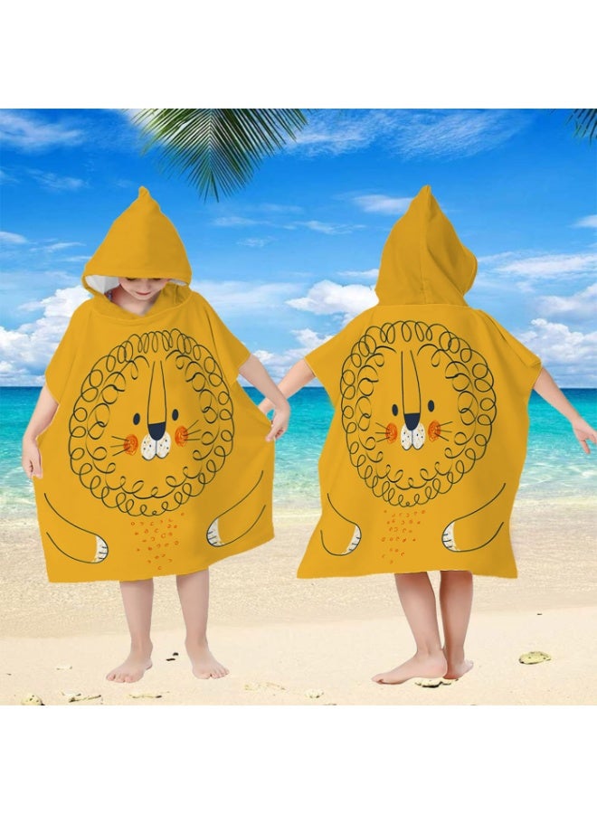 Kids Hooded Poncho Towel, Quick-Dry & Absorbent, Yellow Lion Print for Beach & Swim - Image 2