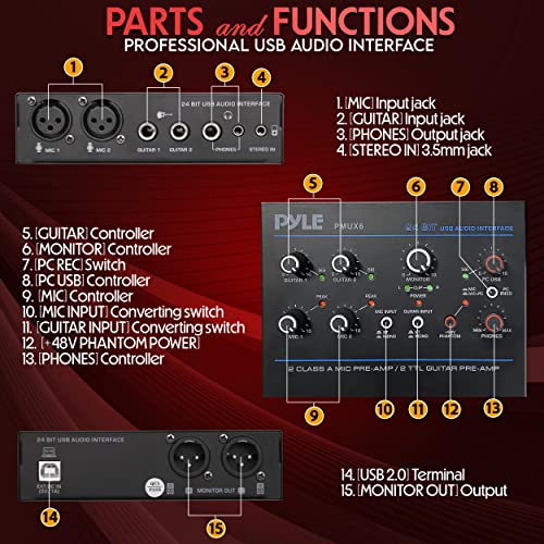 Pyle Professional USB Audio Interface with MIC Guitar AUX Stereo Inputs PhoneMonitor Outputs Ideal for Computer Playing Recording Compact Rugged Metal Housing PMUX6 - Image 3