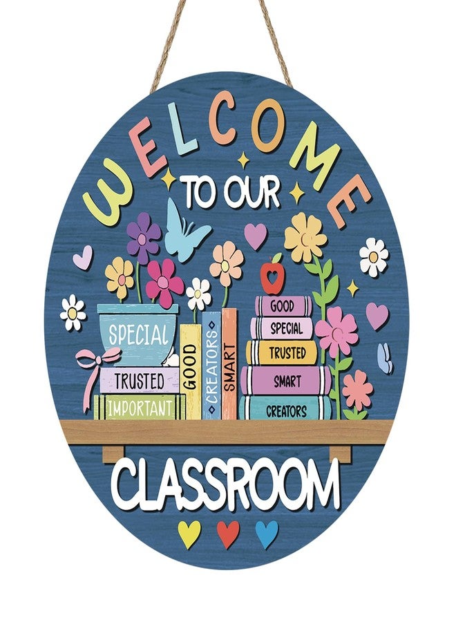 Bolisom Welcome to Our Classroom Front Door Sign, Back to School Educational Books Wood Hanger Preschool Elementary Home Decor, Floral Wooden Wreath Indoor Wall Hanging Decoration Teacher Supplies - Image 1