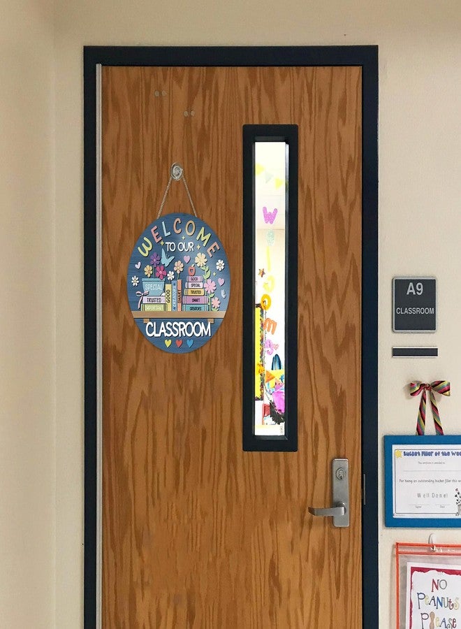 Bolisom Welcome to Our Classroom Front Door Sign, Back to School Educational Books Wood Hanger Preschool Elementary Home Decor, Floral Wooden Wreath Indoor Wall Hanging Decoration Teacher Supplies - Image 4