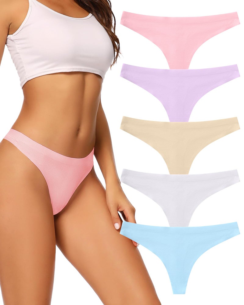 voenxe Seamless Women Underwear Thongs,No Show Ladies Thong,Invisible No Line Breathable Comfortable Panties Undies,Womens No Seam Soft Wide Gusset Tanga,Legging Underpants for Woman 5-Pack - Image 1