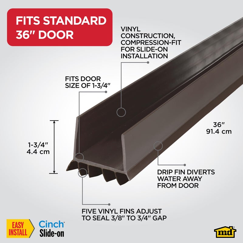 M-D Building Products Vinyl Cinch U-Shape Door Bottom Seal, Slide-On Weatherstripping Draft Stopper, Easy to Install, Fits 36â€ x 1-3/4â€ Doors, Fills 3/8â€- 3/4â€ Gaps, 43337, Brown - Image 2