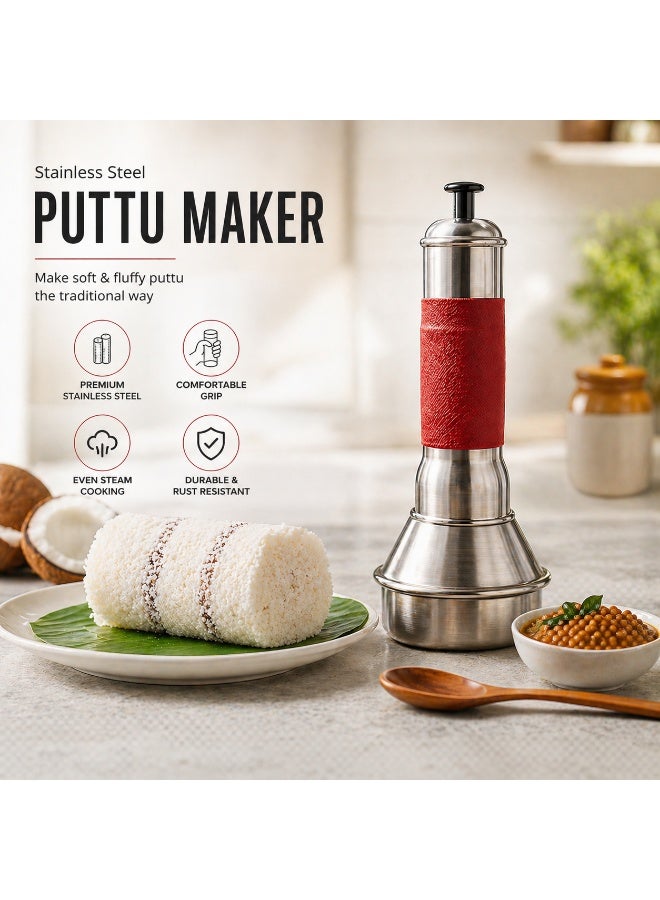 Puttu Maker with Steamer, Red Handle, Traditional Cylinder Style, Puttu Kutti | Aluminium Puttu Kudam - Image 2
